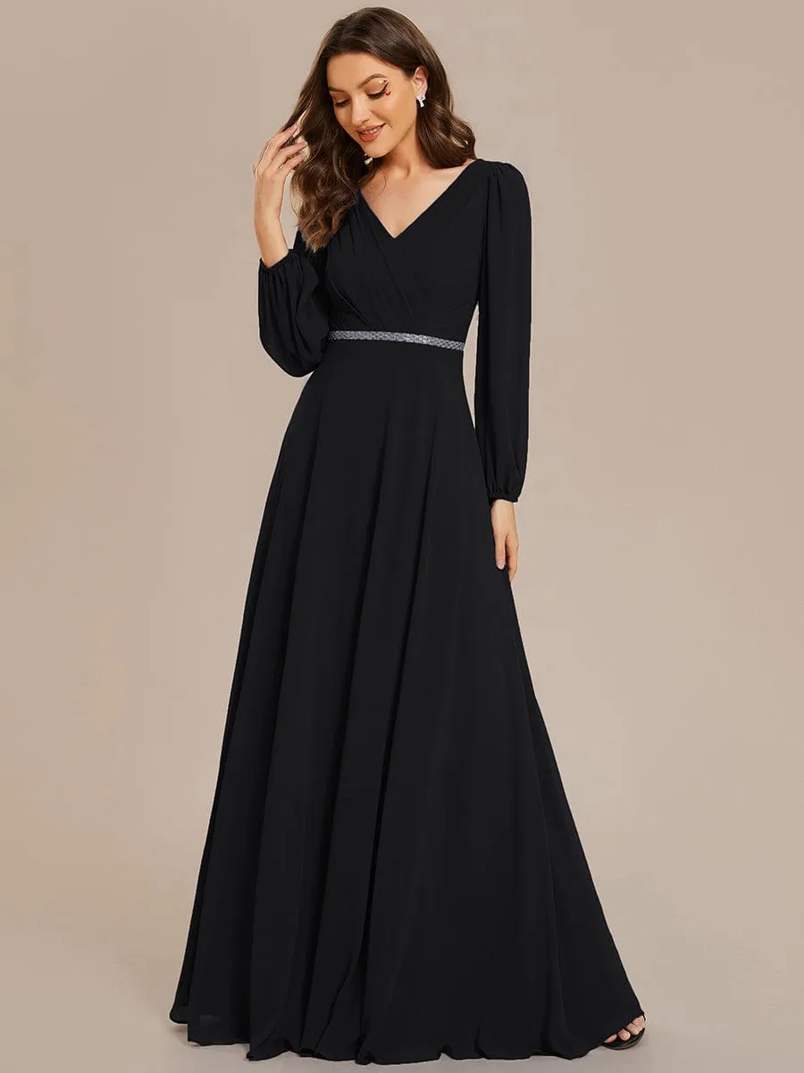 Pleated Double V-Neck Long Sleeves Shiny Belt Chiffon Evening Dress