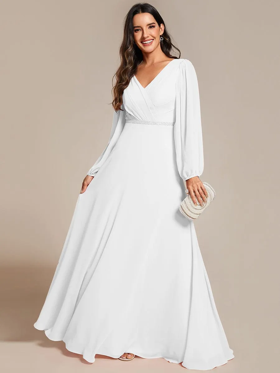 Pleated Double V-Neck Long Sleeves Shiny Belt Chiffon Evening Dress