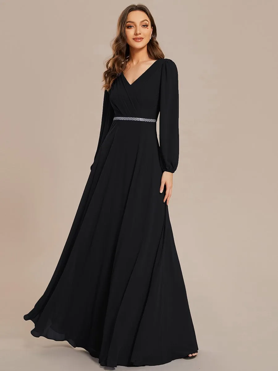 Pleated Double V-Neck Long Sleeves Shiny Belt Chiffon Evening Dress