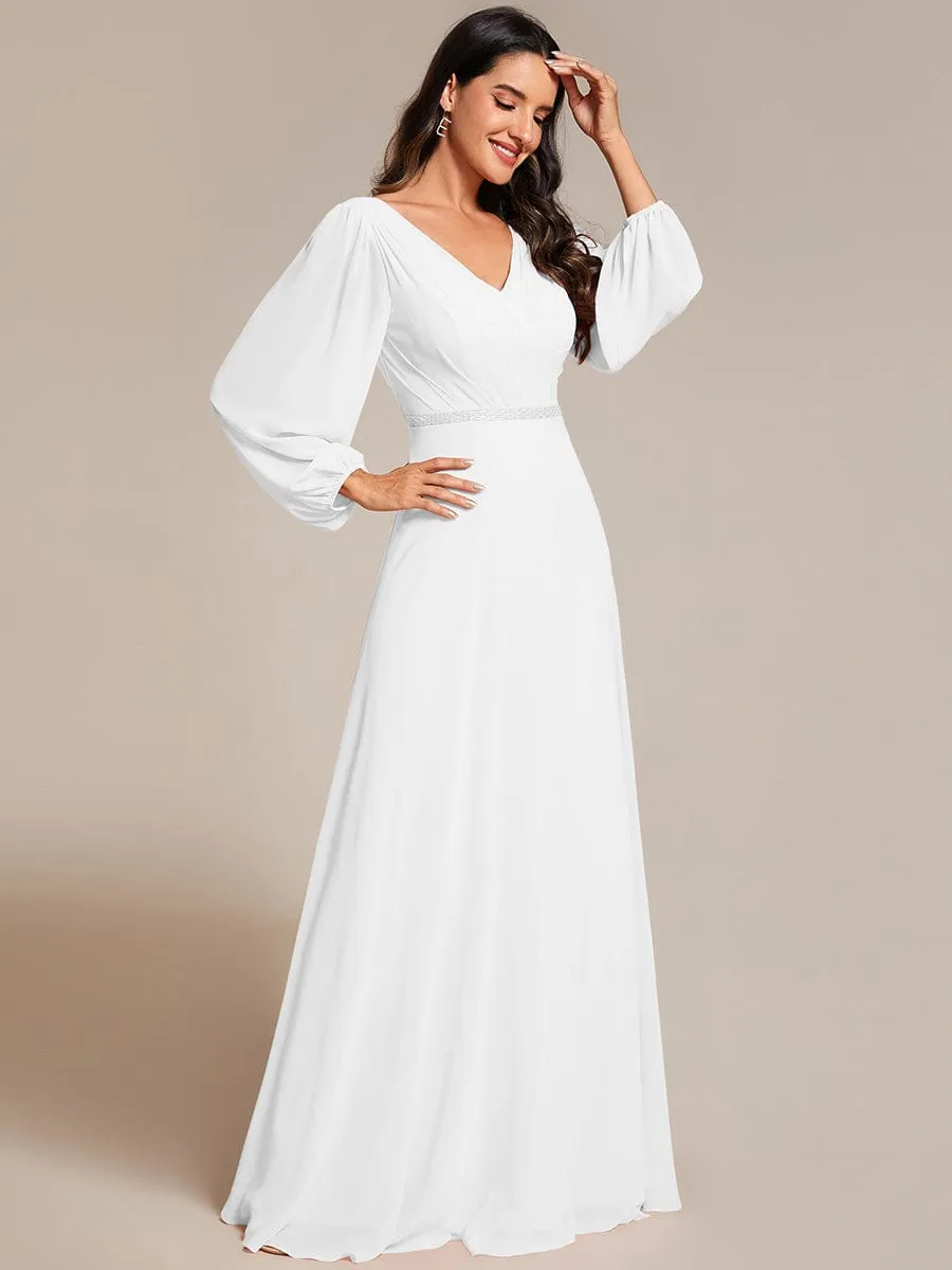 Pleated Double V-Neck Long Sleeves Shiny Belt Chiffon Evening Dress