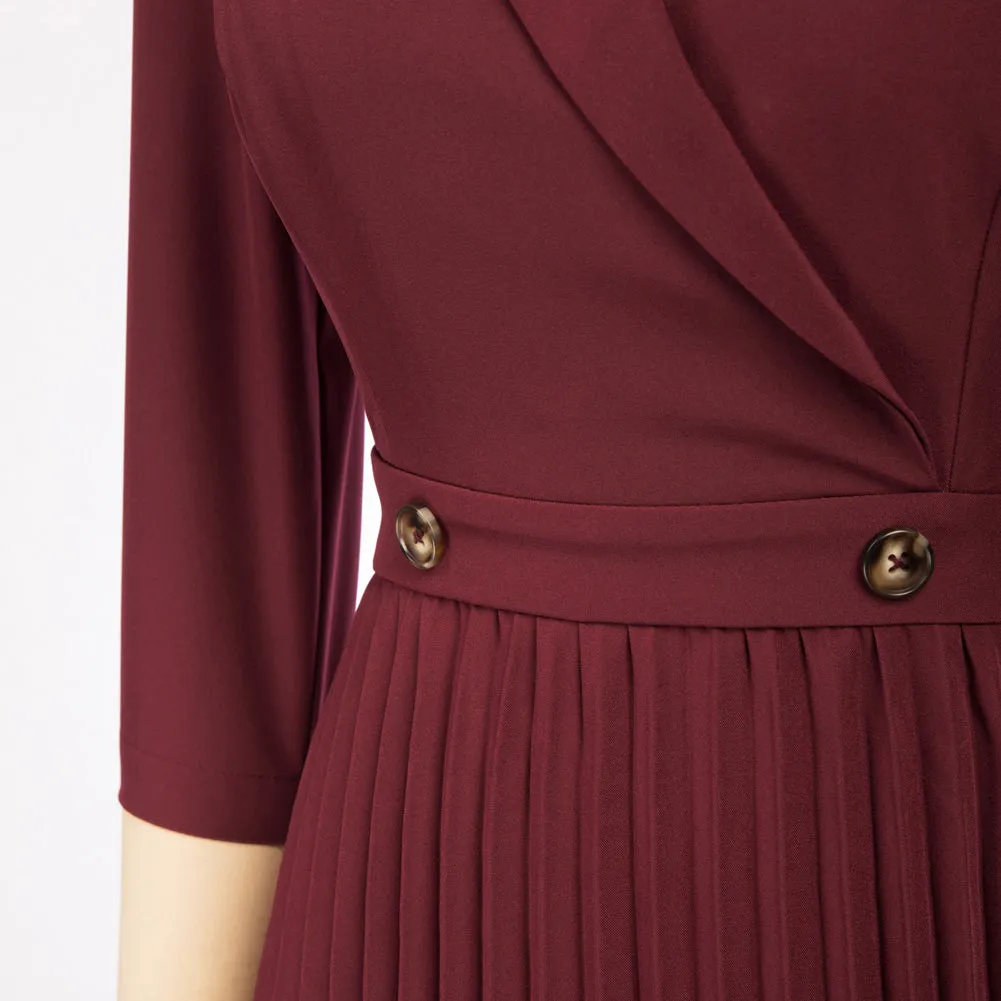 Pleated Dress 3/4 Sleeve Lapel Collar V-Neck Defined Waist A-Line Dress