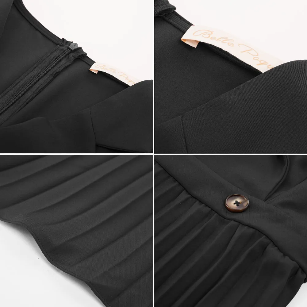 Pleated Dress 3/4 Sleeve Lapel Collar V-Neck Defined Waist A-Line Dress