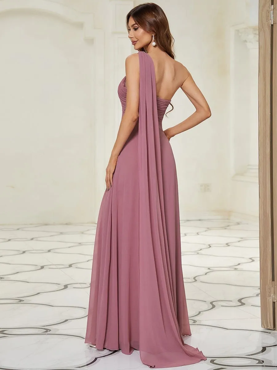 Pleated One Shoulder Long Chiffon Formal Evening Dress