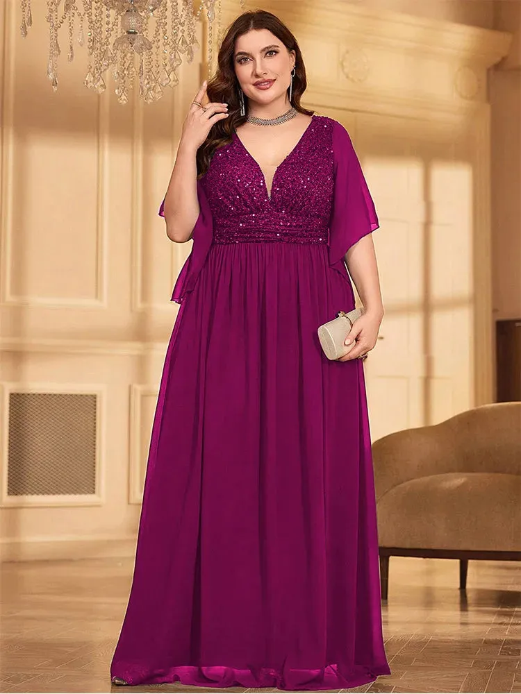 Plus Size Chiffon V-Neck Sequined Short Sleeve Evening Dress