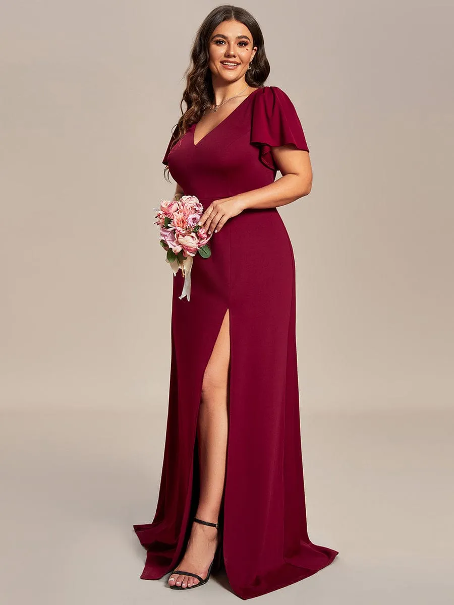 Plus Size Classical Ruffles Sleeve A-Line Front Slit Bridesmaid Dress