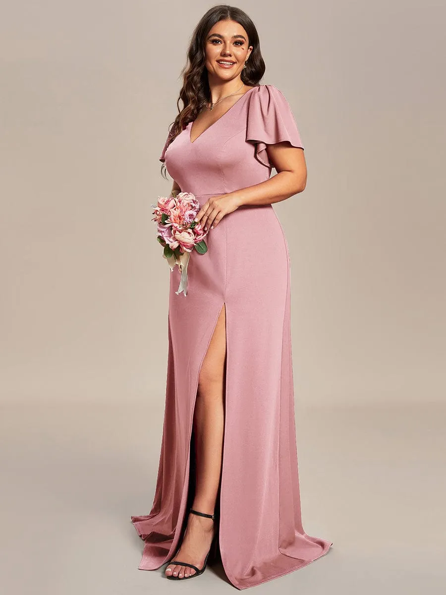 Plus Size Classical Ruffles Sleeve A-Line Front Slit Bridesmaid Dress