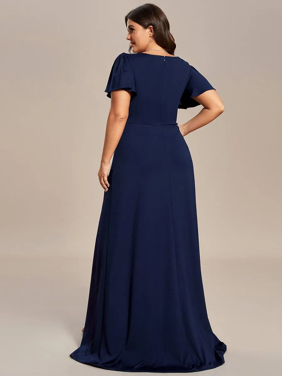 Plus Size Classical Ruffles Sleeve A-Line Front Slit Bridesmaid Dress