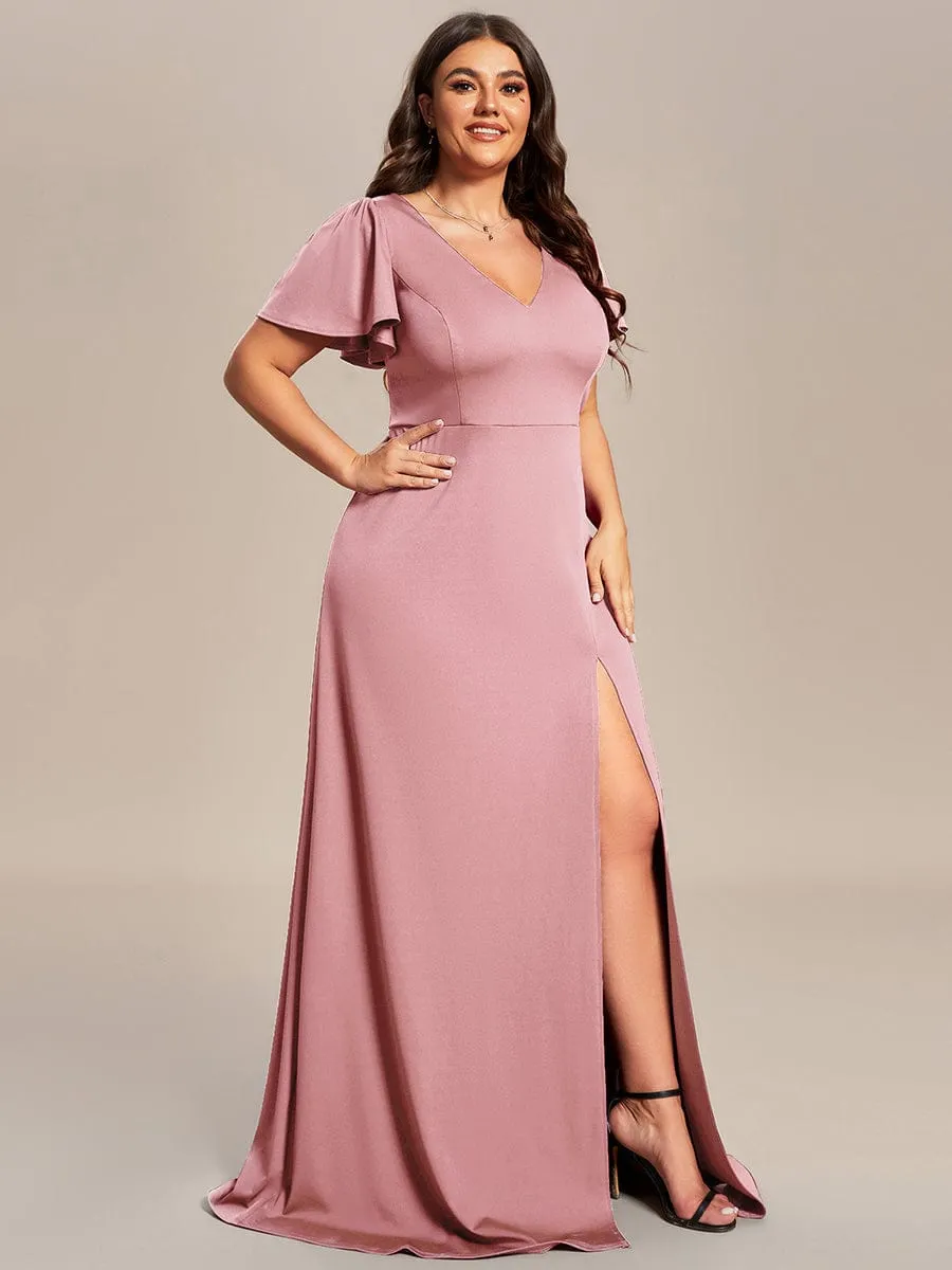 Plus Size Classical Ruffles Sleeve A-Line Front Slit Bridesmaid Dress