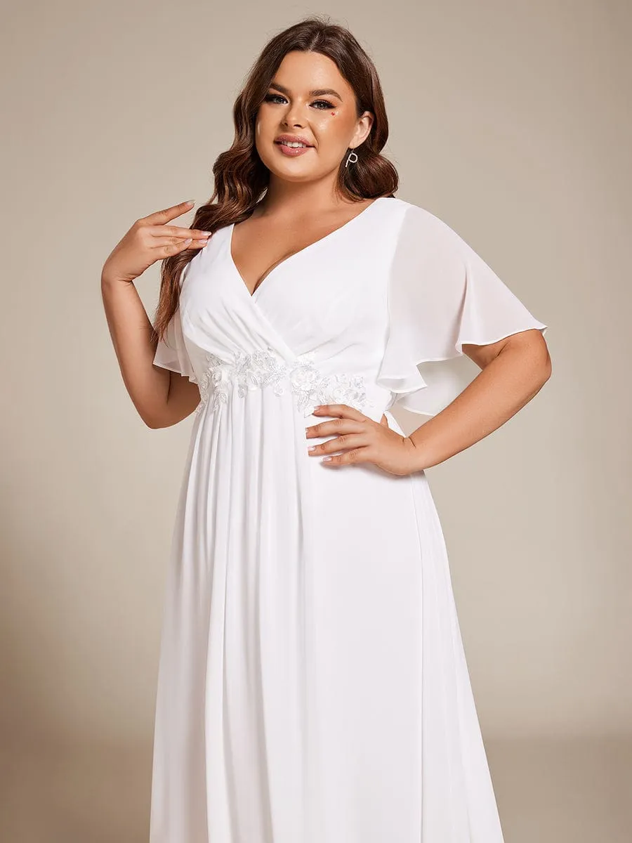 Plus Size Elegant Short Sleeves V-Neck Floral Applique Wedding Guest Dress