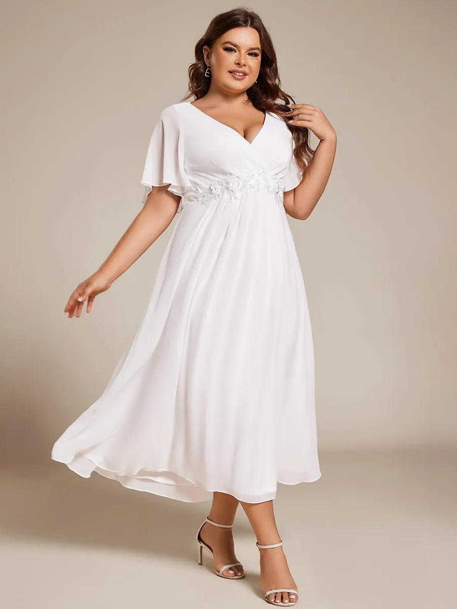 Plus Size Elegant Short Sleeves V-Neck Floral Applique Wedding Guest Dress