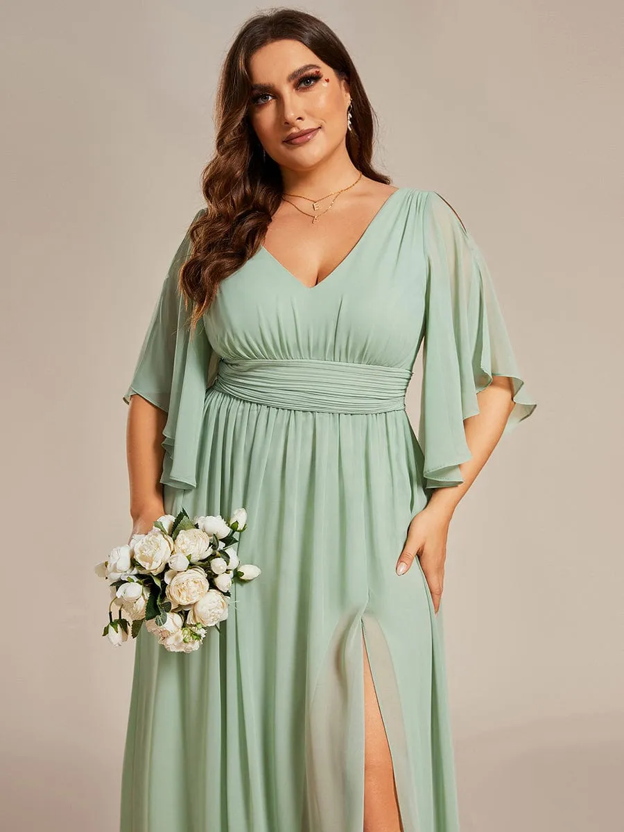 Plus Size Half Sleeve Pleated A-Line V-Neck Chiffon Bridesmaid Dress