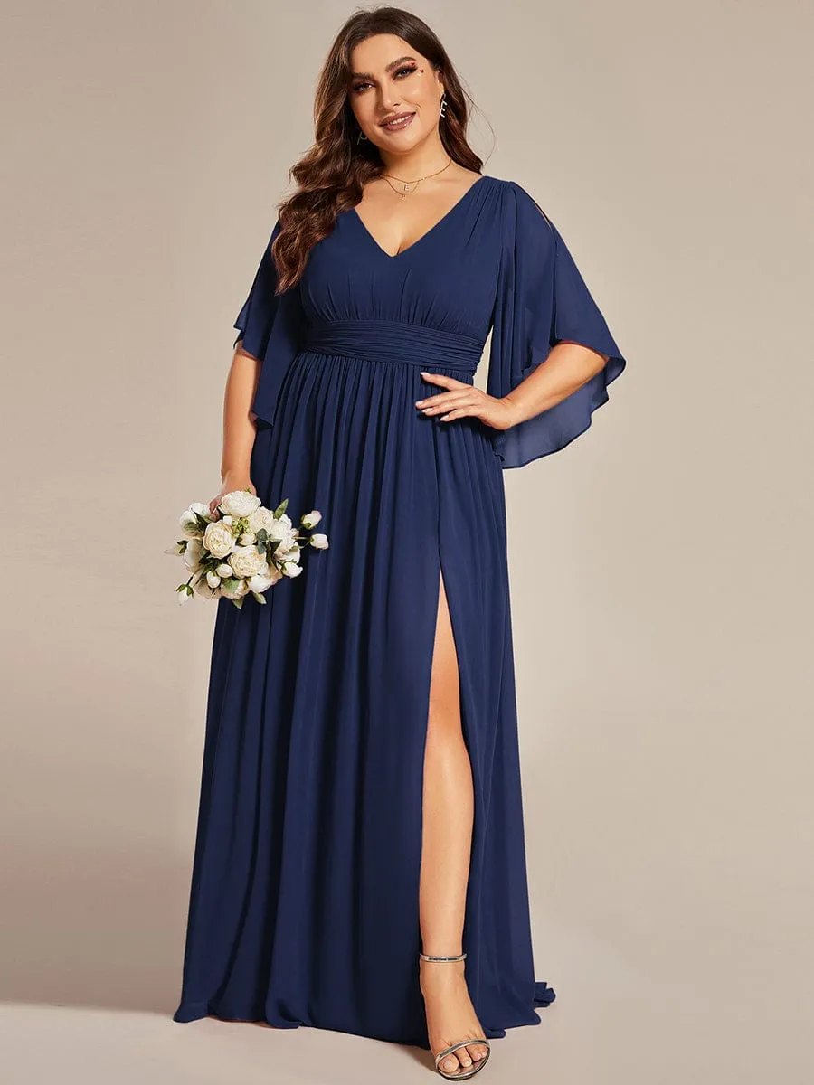 Plus Size Half Sleeve Pleated A-Line V-Neck Chiffon Bridesmaid Dress