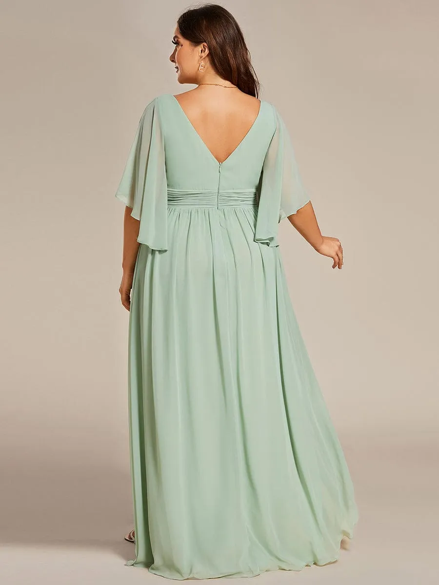 Plus Size Half Sleeve Pleated A-Line V-Neck Chiffon Bridesmaid Dress