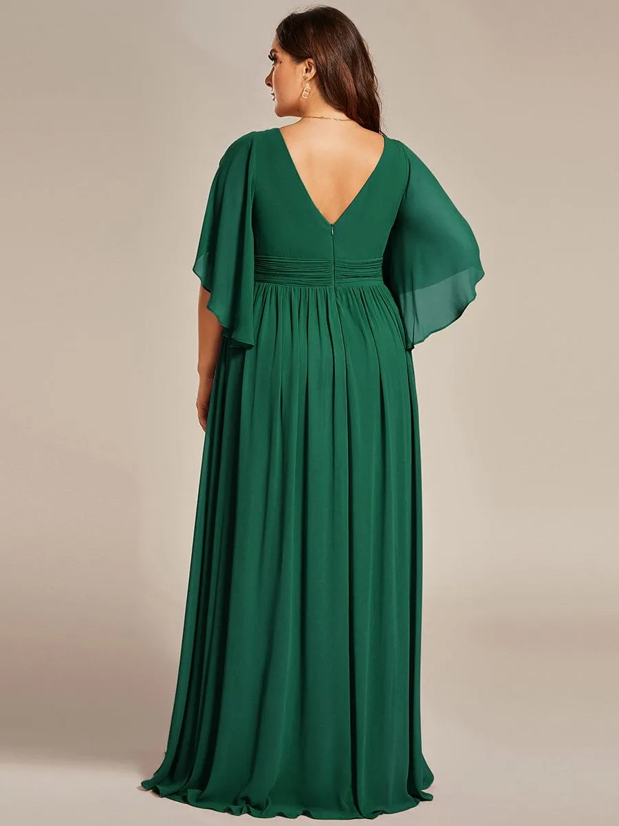 Plus Size Half Sleeve Pleated A-Line V-Neck Chiffon Bridesmaid Dress