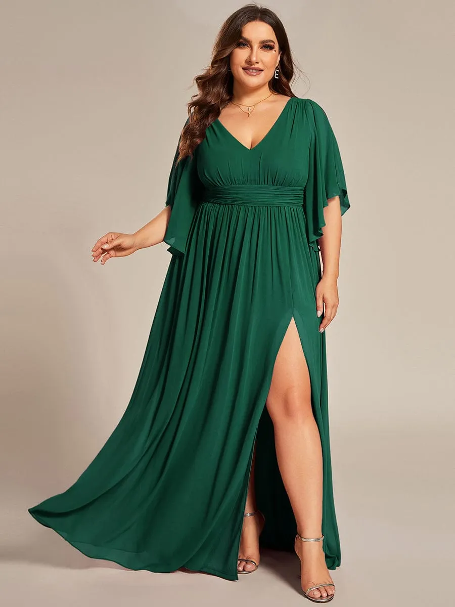 Plus Size Half Sleeve Pleated A-Line V-Neck Chiffon Bridesmaid Dress