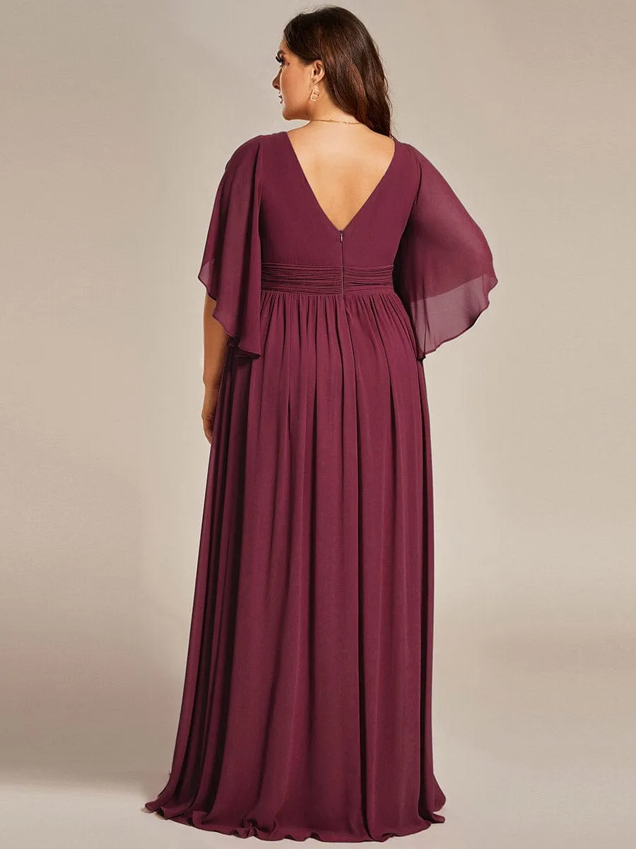 Plus Size Half Sleeve Pleated A-Line V-Neck Chiffon Bridesmaid Dress