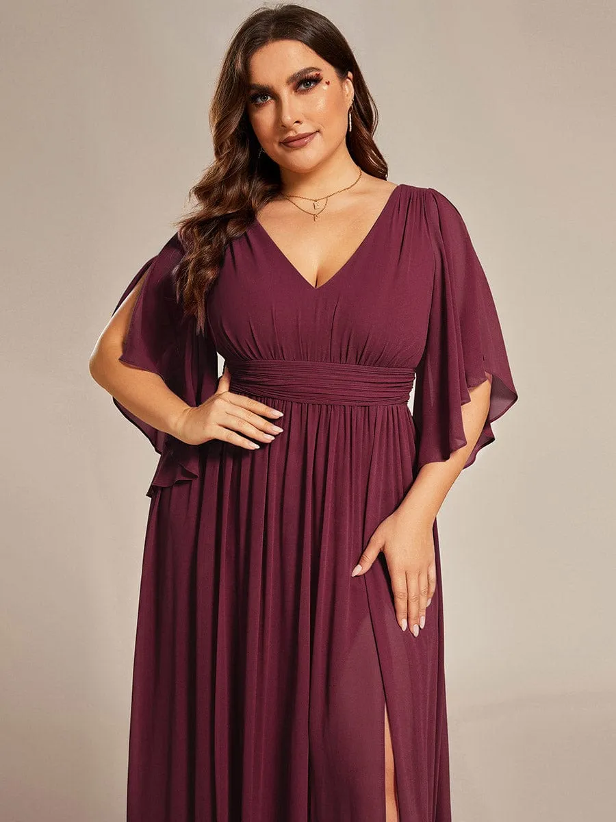 Plus Size Half Sleeve Pleated A-Line V-Neck Chiffon Bridesmaid Dress