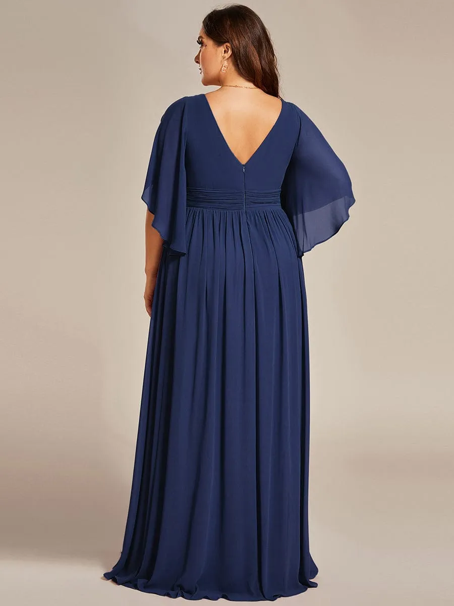 Plus Size Half Sleeve Pleated A-Line V-Neck Chiffon Bridesmaid Dress