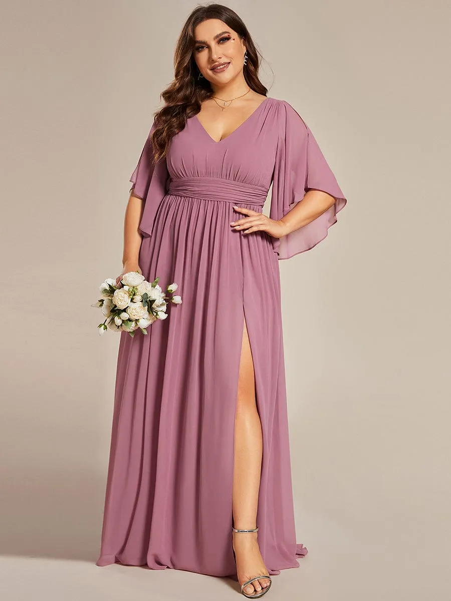 Plus Size Half Sleeve Pleated A-Line V-Neck Chiffon Bridesmaid Dress