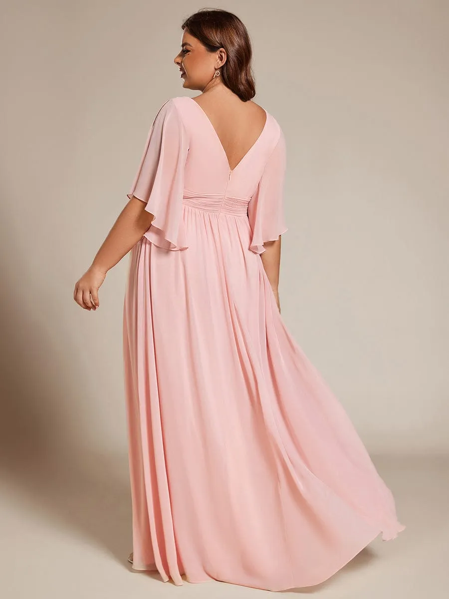 Plus Size Half Sleeve Pleated A-Line V-Neck Chiffon Bridesmaid Dress