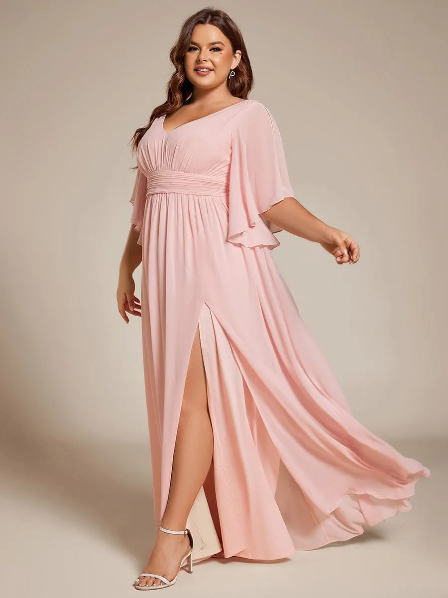 Plus Size Half Sleeve Pleated A-Line V-Neck Chiffon Bridesmaid Dress