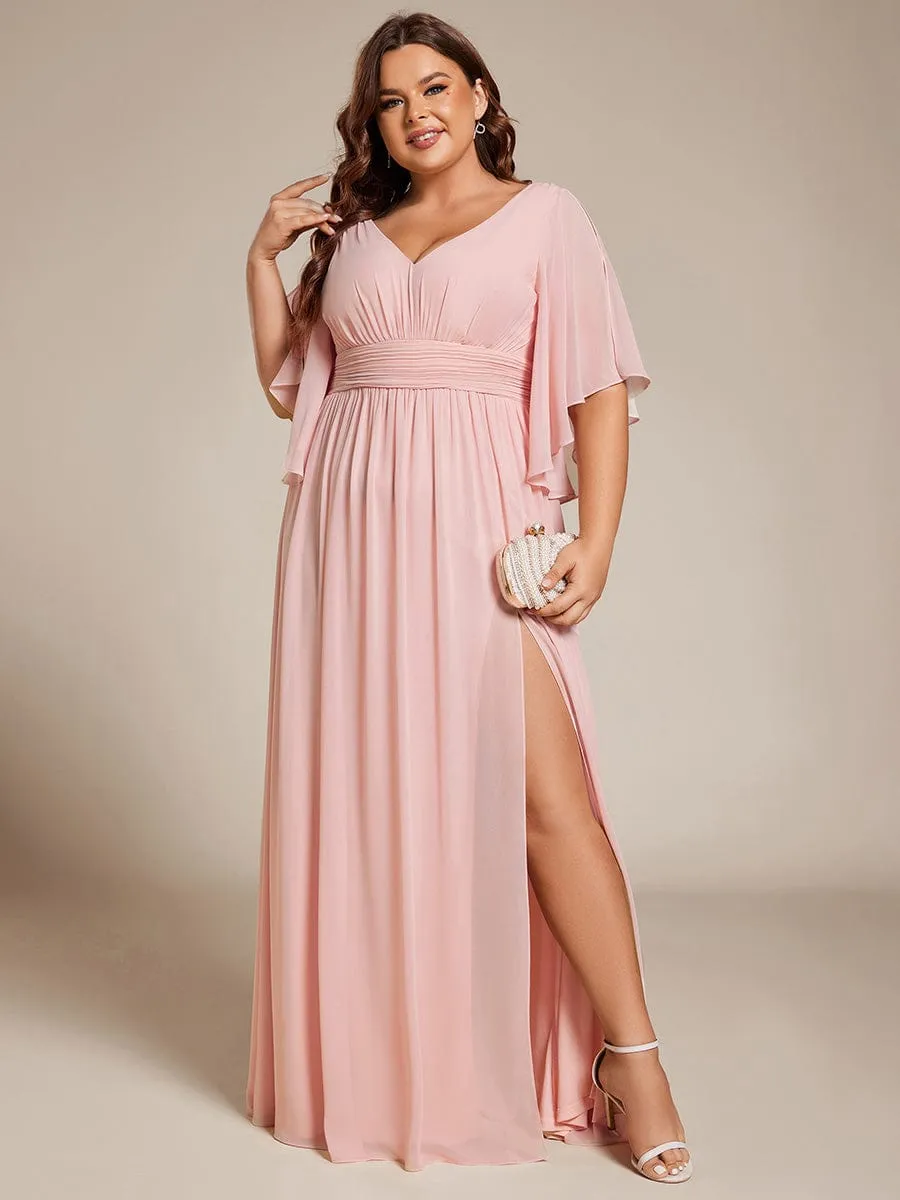 Plus Size Half Sleeve Pleated A-Line V-Neck Chiffon Bridesmaid Dress