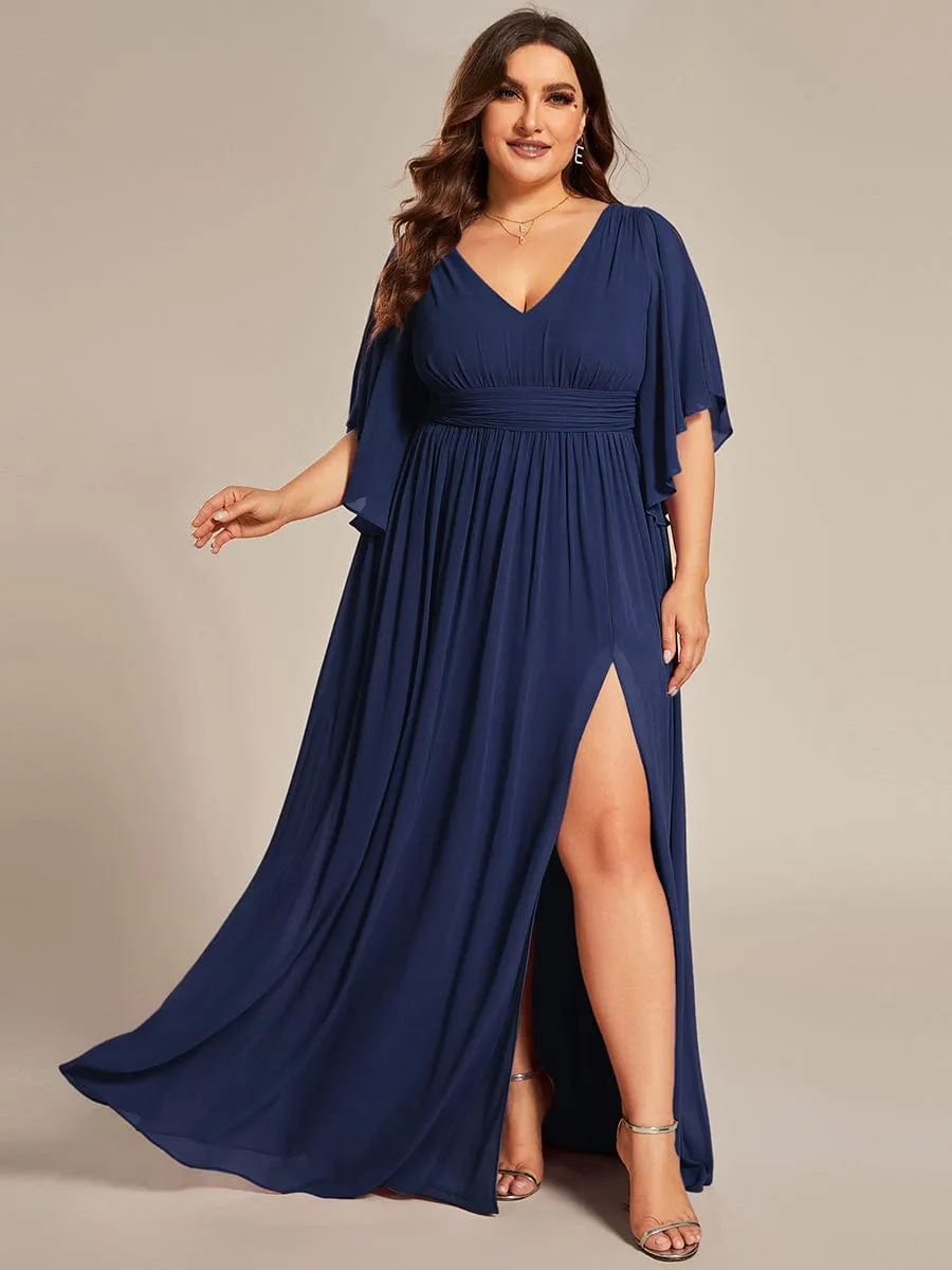 Plus Size Half Sleeve Pleated A-Line V-Neck Chiffon Bridesmaid Dress