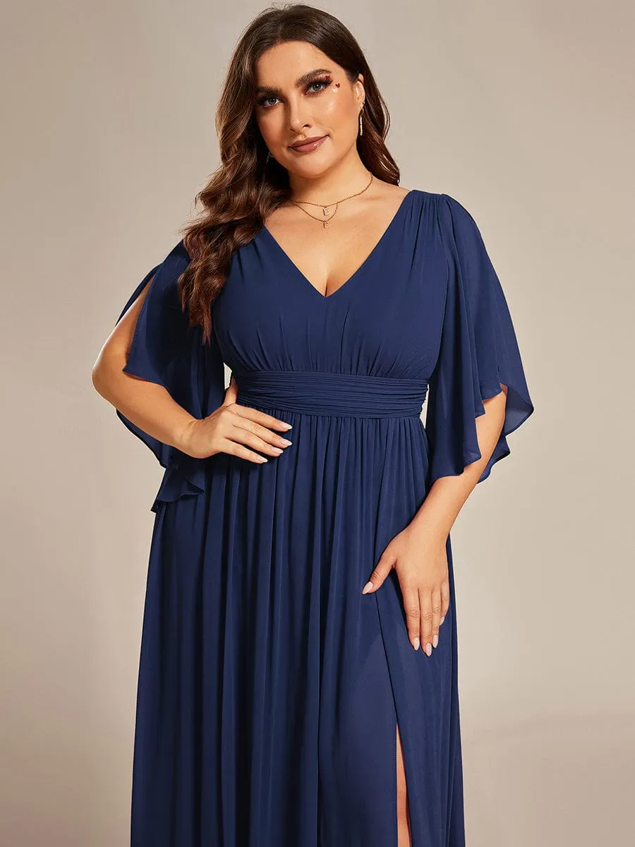 Plus Size Half Sleeve Pleated A-Line V-Neck Chiffon Bridesmaid Dress