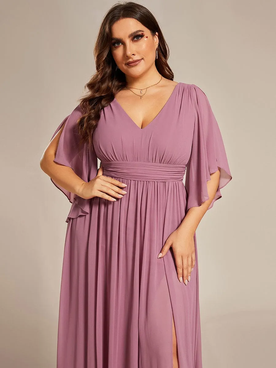 Plus Size Half Sleeve Pleated A-Line V-Neck Chiffon Bridesmaid Dress