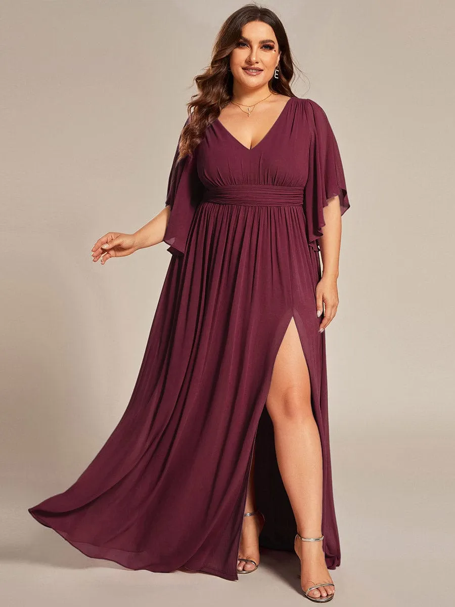 Plus Size Half Sleeve Pleated A-Line V-Neck Chiffon Bridesmaid Dress