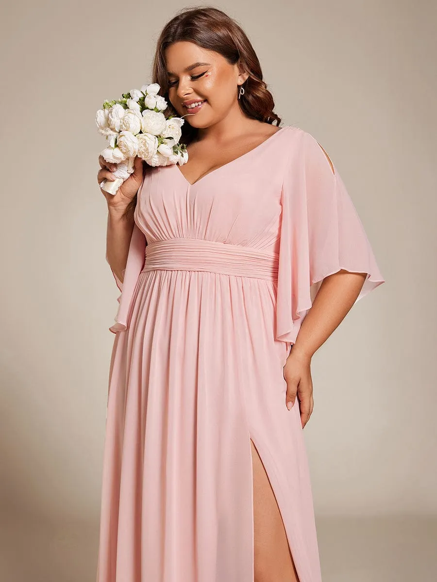 Plus Size Half Sleeve Pleated A-Line V-Neck Chiffon Bridesmaid Dress