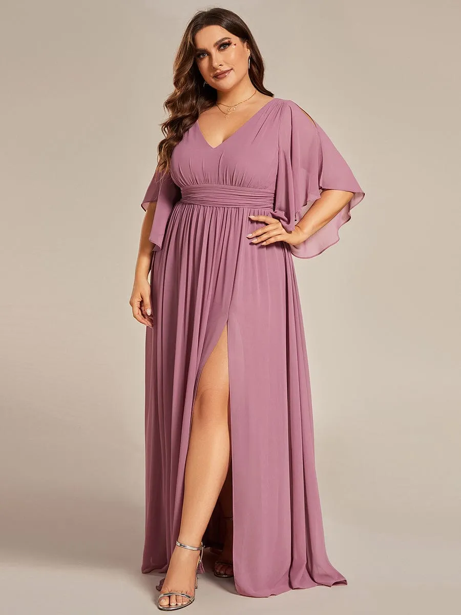 Plus Size Half Sleeve Pleated A-Line V-Neck Chiffon Bridesmaid Dress