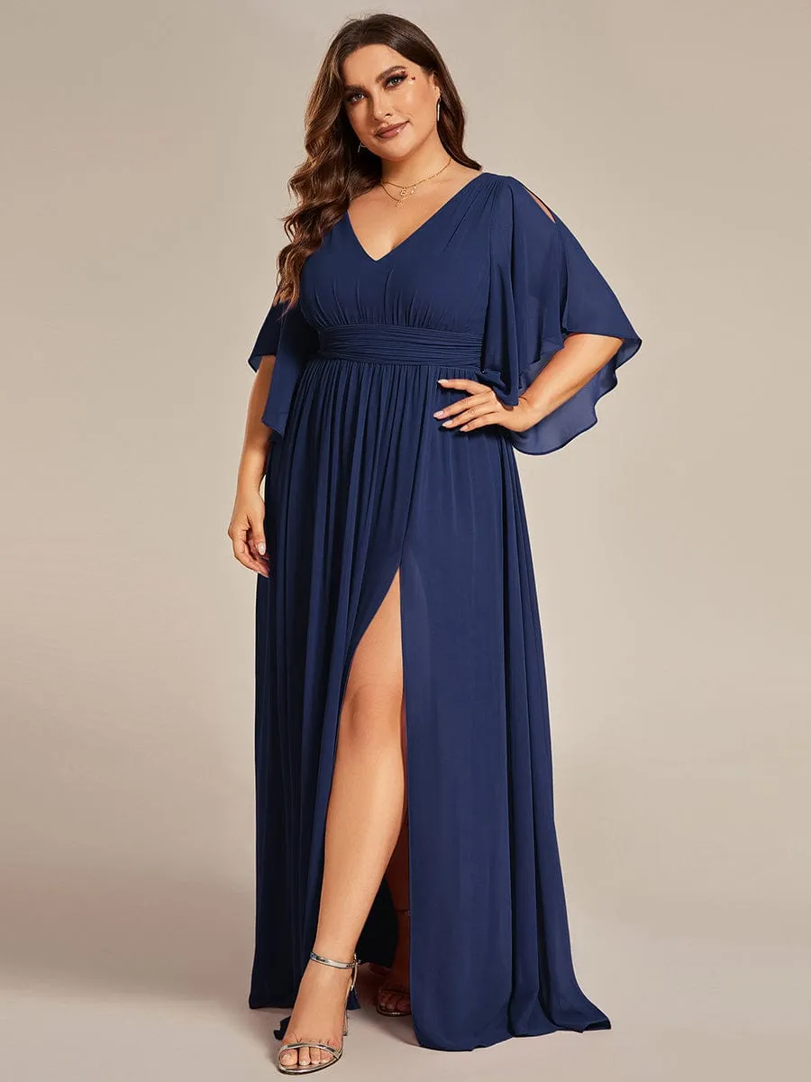 Plus Size Half Sleeve Pleated A-Line V-Neck Chiffon Bridesmaid Dress