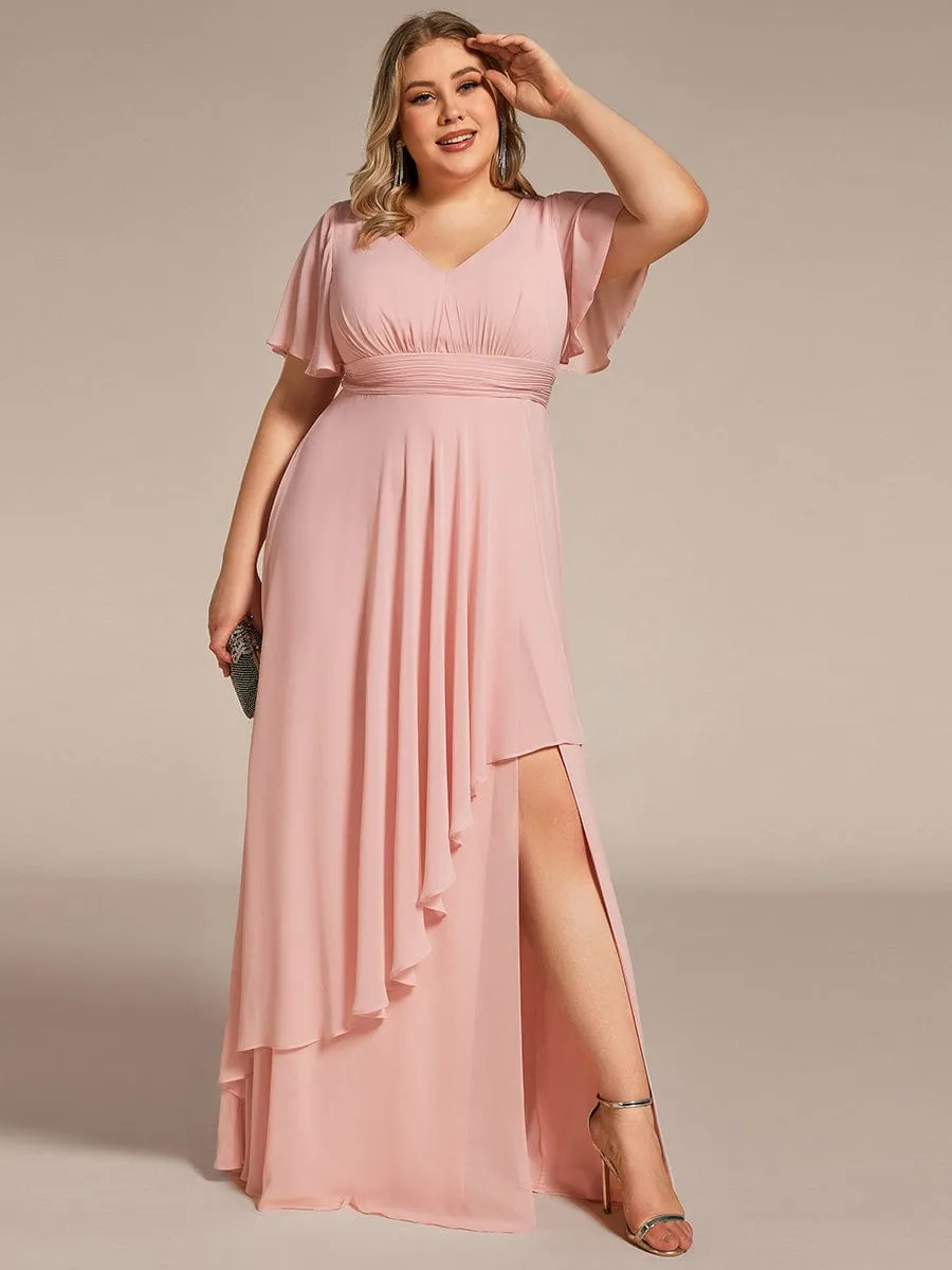 Plus Size High Slit Louts Leaf Empire Waist Chiffon Evening Dress