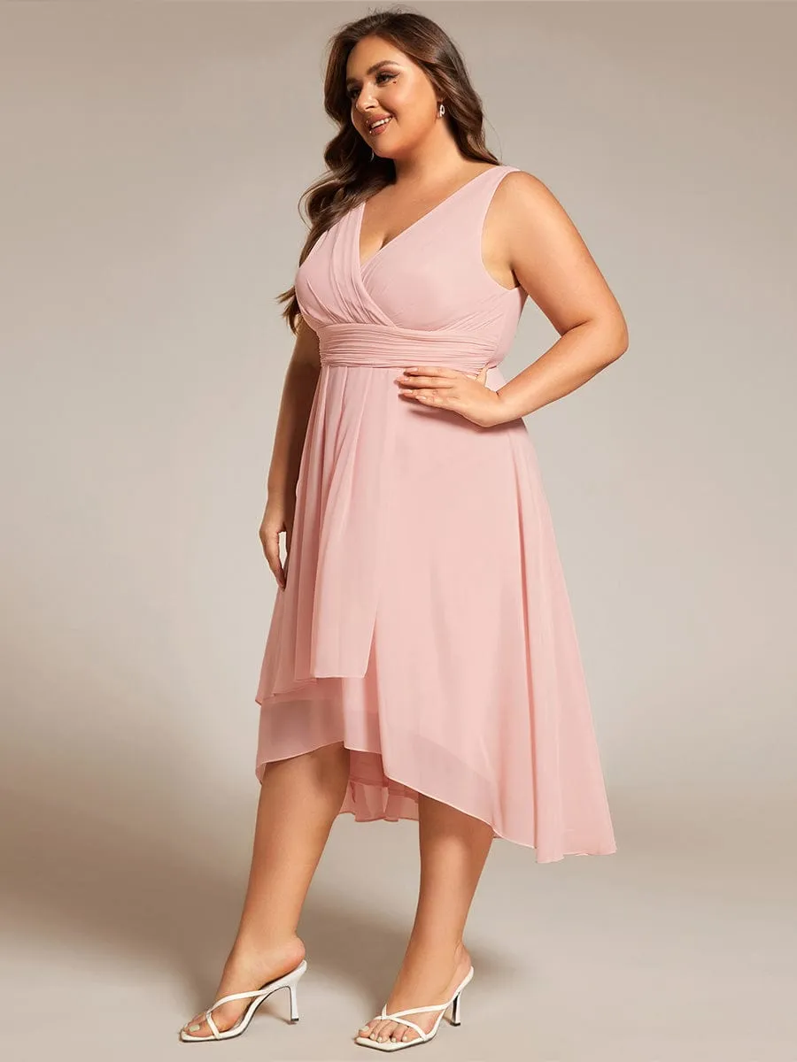 Plus Size Pleated Sleeveless V-Neck Midi Chiffon Wedding Guest Dress