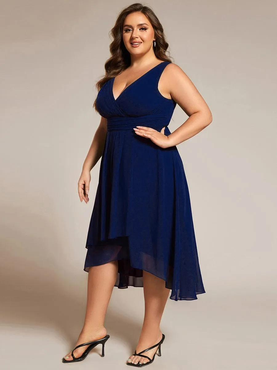 Plus Size Pleated Sleeveless V-Neck Midi Chiffon Wedding Guest Dress