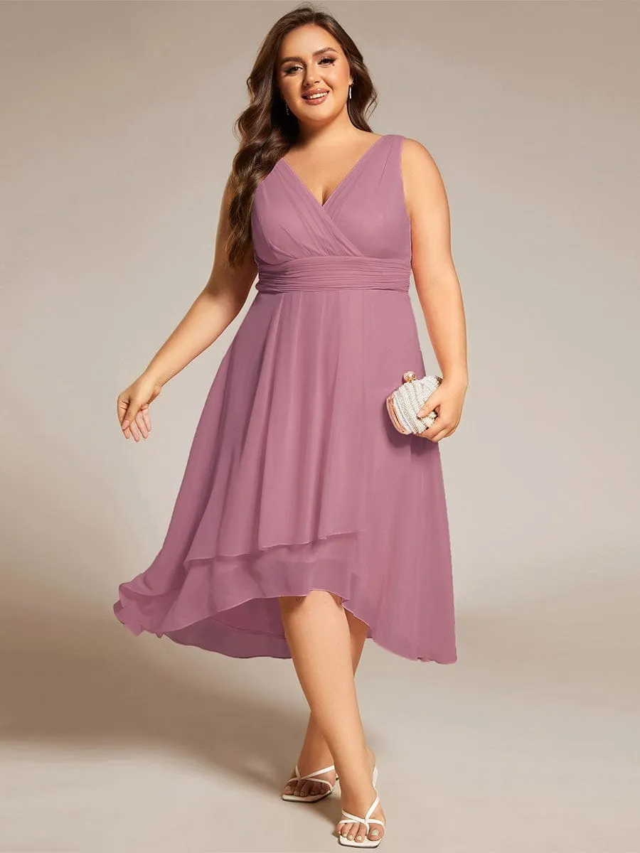 Plus Size Pleated Sleeveless V-Neck Midi Chiffon Wedding Guest Dress