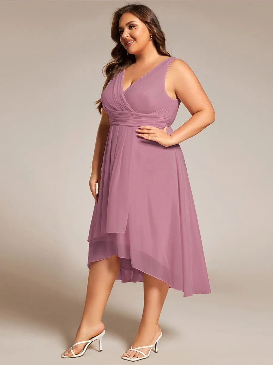 Plus Size Pleated Sleeveless V-Neck Midi Chiffon Wedding Guest Dress