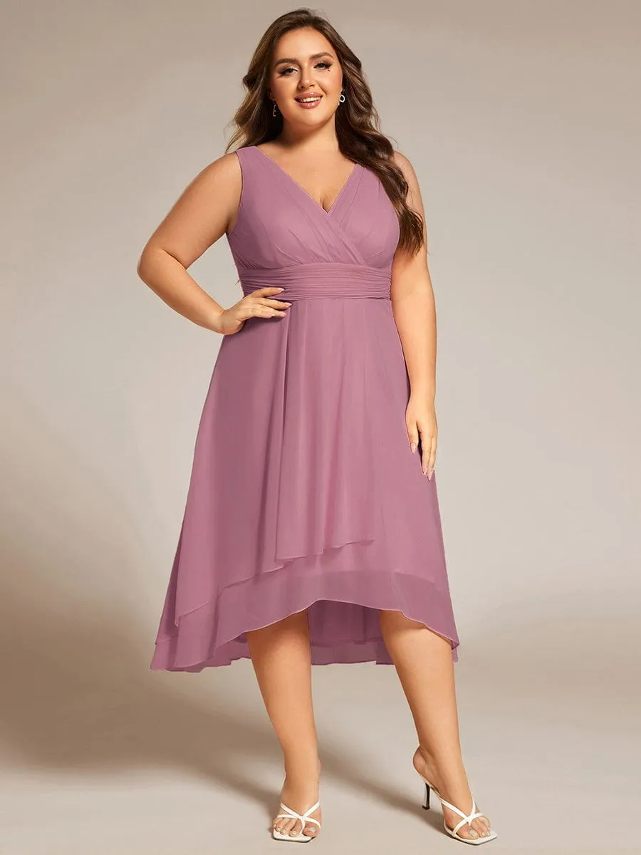 Plus Size Pleated Sleeveless V-Neck Midi Chiffon Wedding Guest Dress