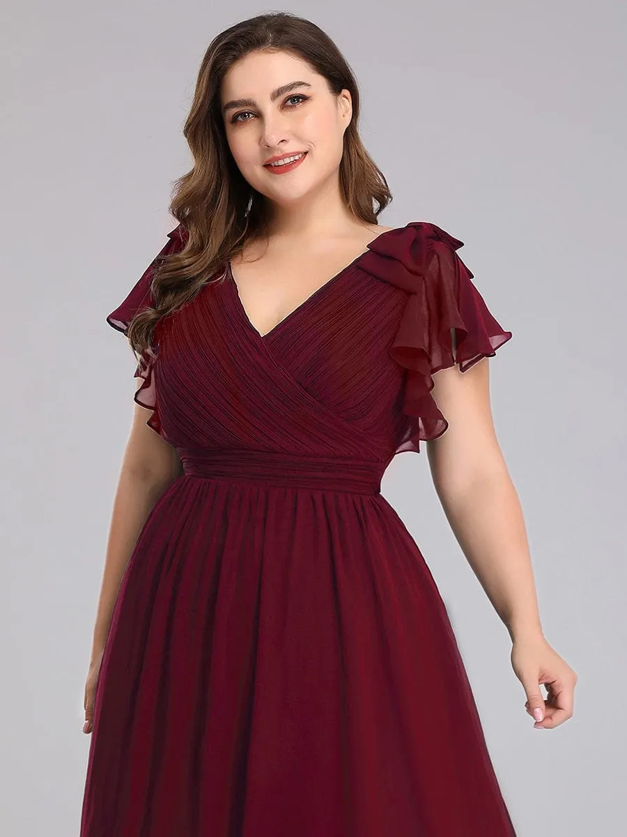 Plus Size Ruched Bodice Formal Evening Dresses with Ruffles Sleeves