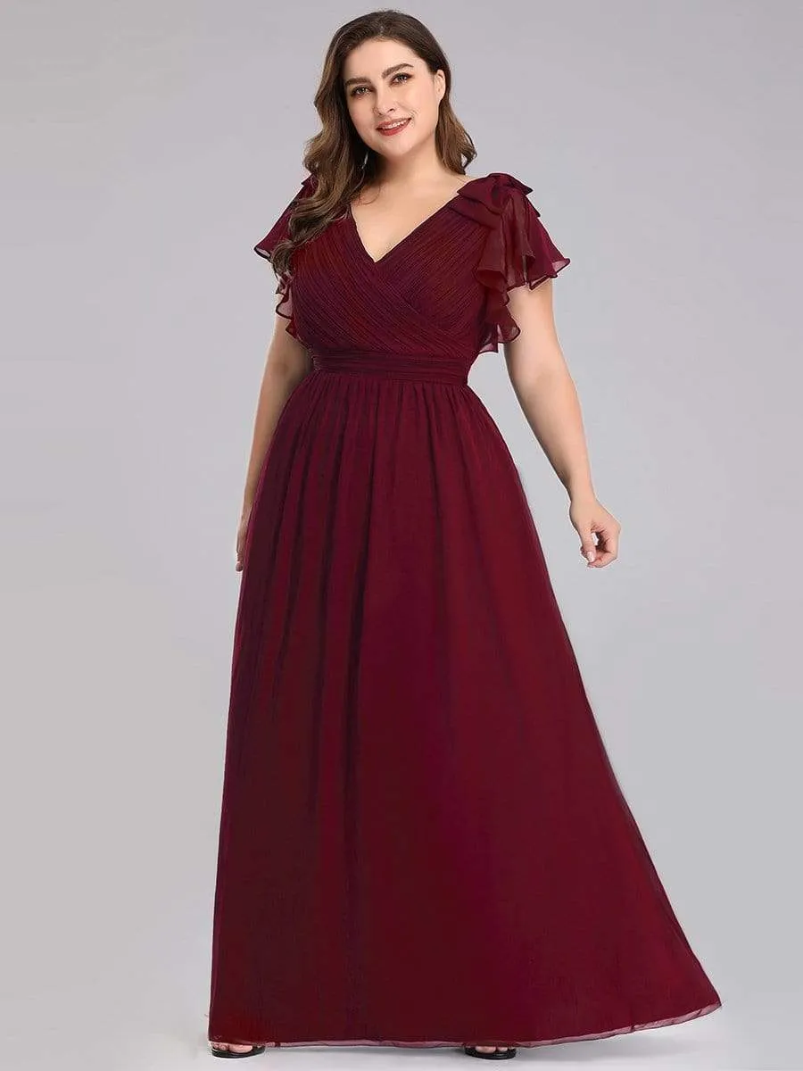 Plus Size Ruched Bodice Formal Evening Dresses with Ruffles Sleeves