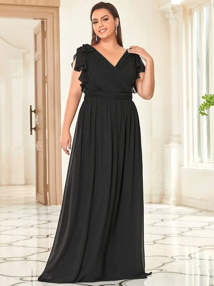 Plus Size Ruched Bodice Formal Evening Dresses with Ruffles Sleeves