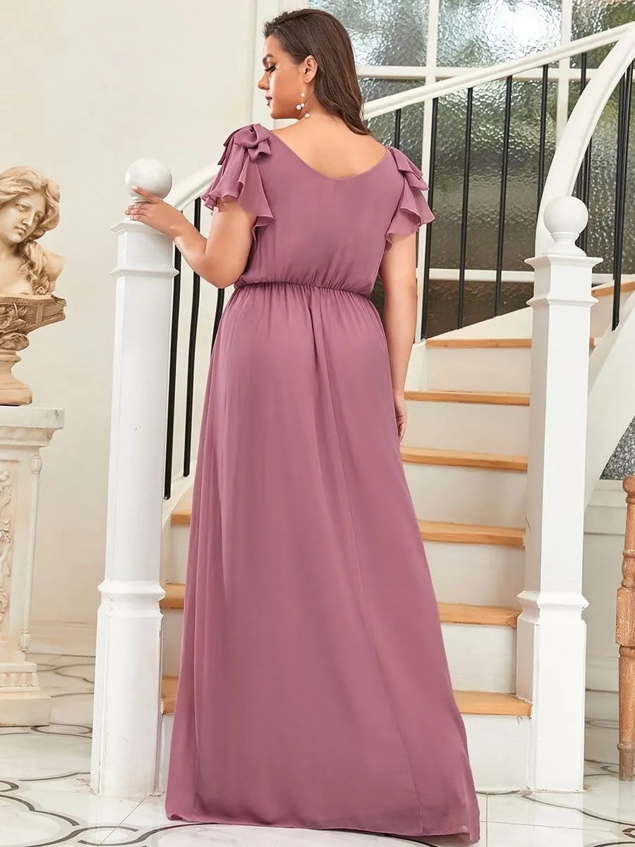 Plus Size Ruched Bodice Formal Evening Dresses with Ruffles Sleeves