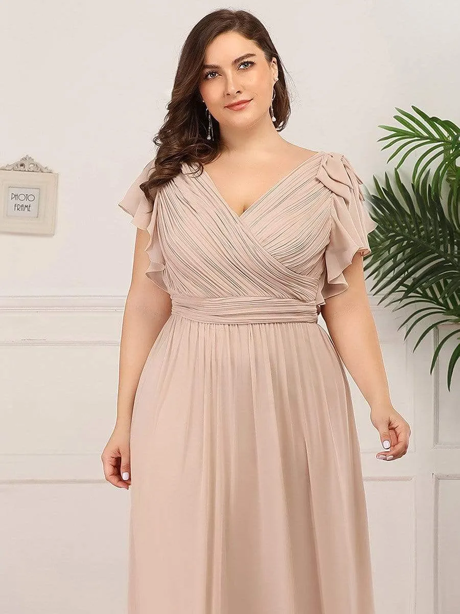 Plus Size Ruched Bodice Formal Evening Dresses with Ruffles Sleeves