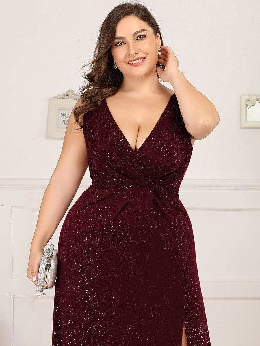 Plus Size Shiny V Neck Side Slit Formal Evening Dress