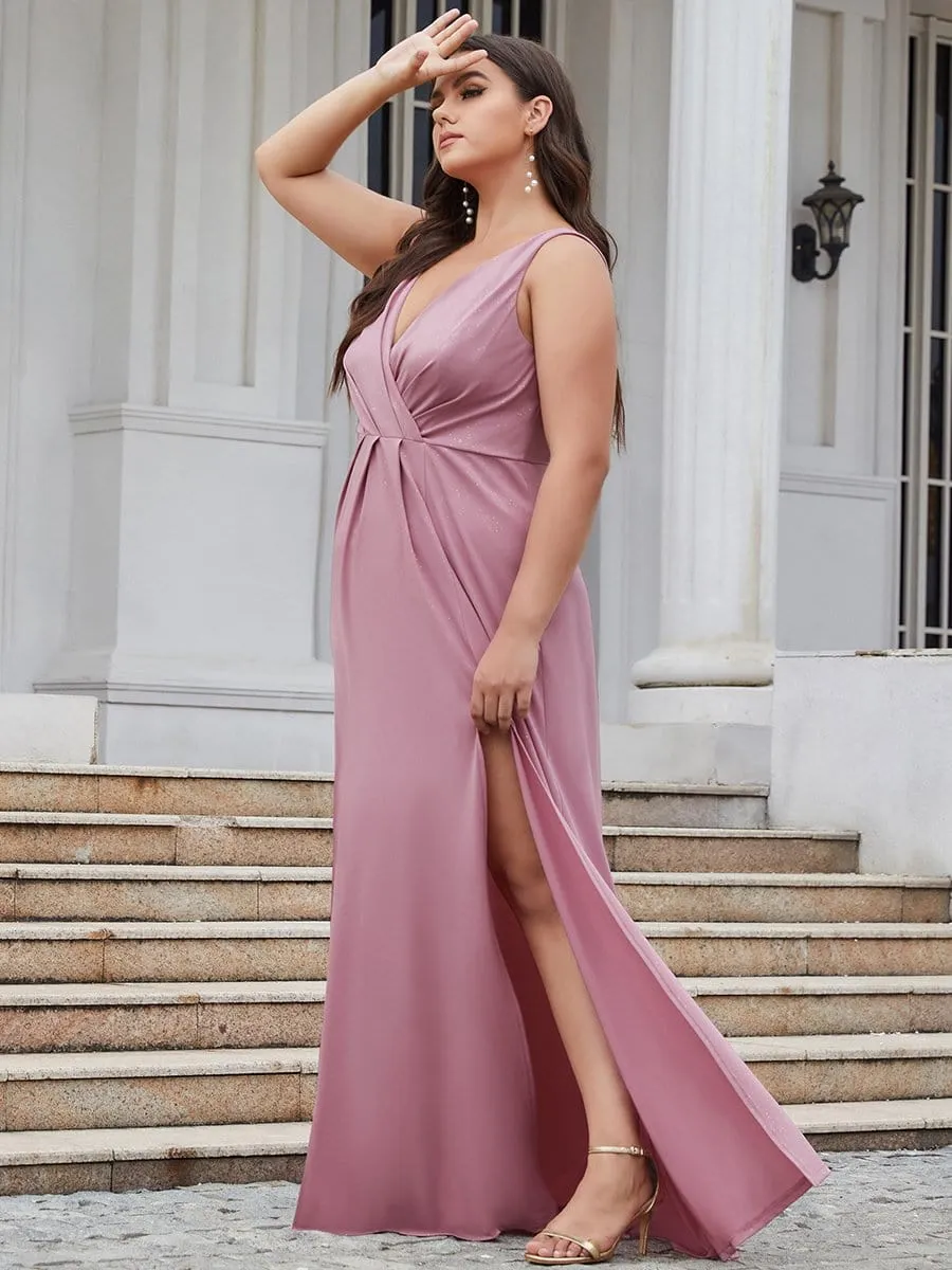 Plus Size Shiny V Neck Side Slit Formal Evening Dress