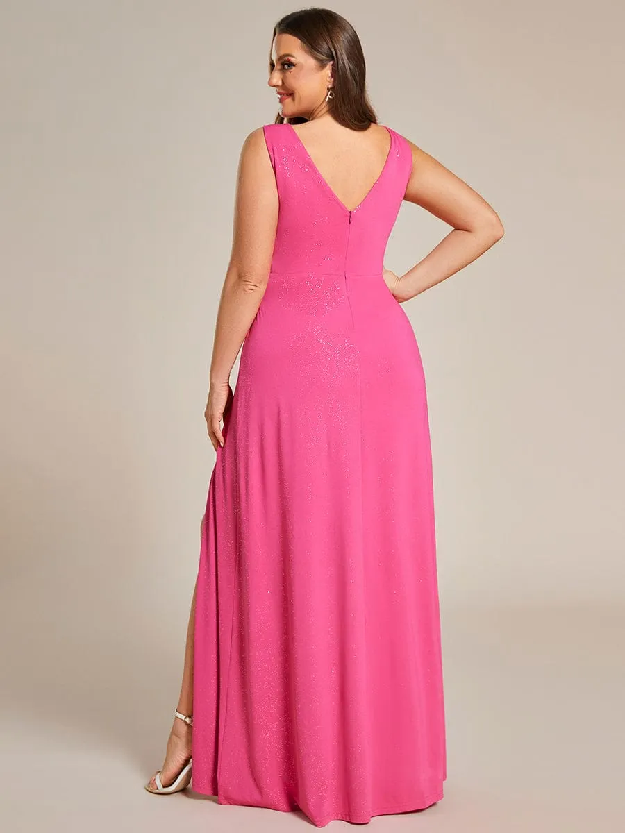 Plus Size Shiny V Neck Side Slit Formal Evening Dress