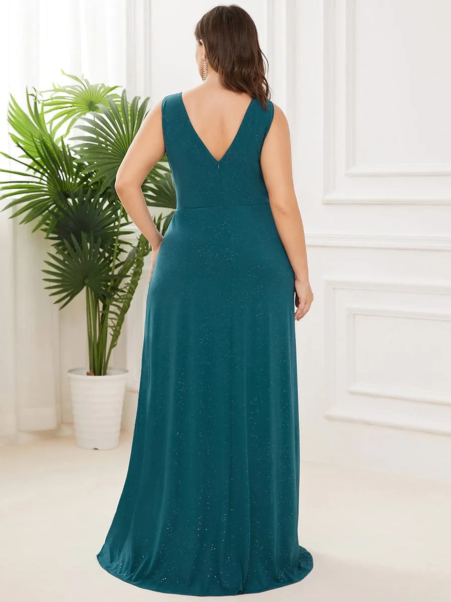 Plus Size Shiny V Neck Side Slit Formal Evening Dress