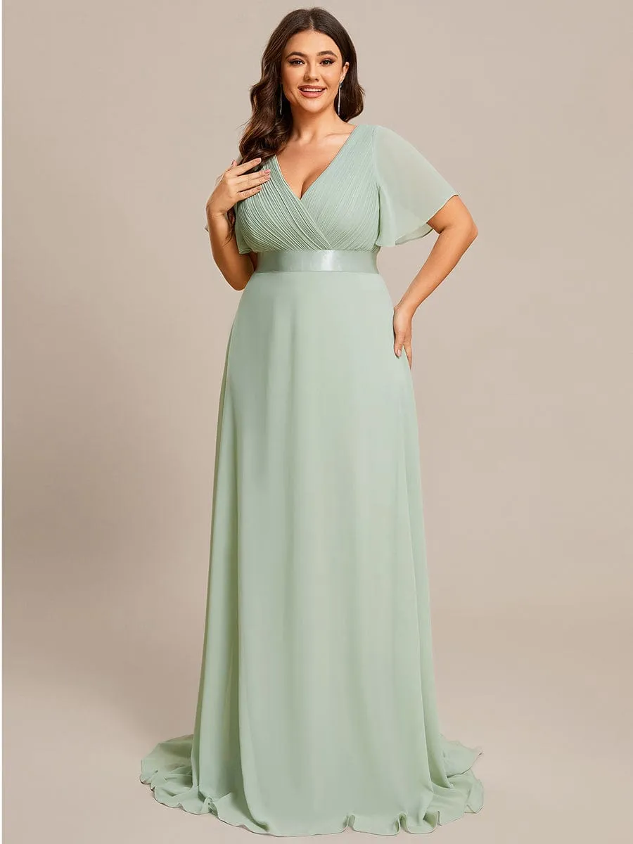 Plus Size Simple Empire Waist Flutter Sleeve Evening Dress