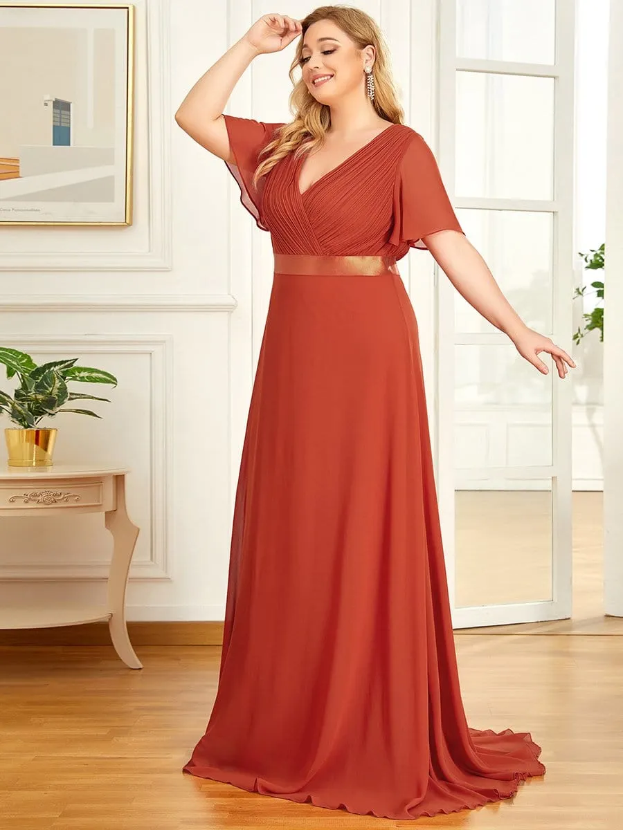 Plus Size Simple Empire Waist Flutter Sleeve Evening Dress